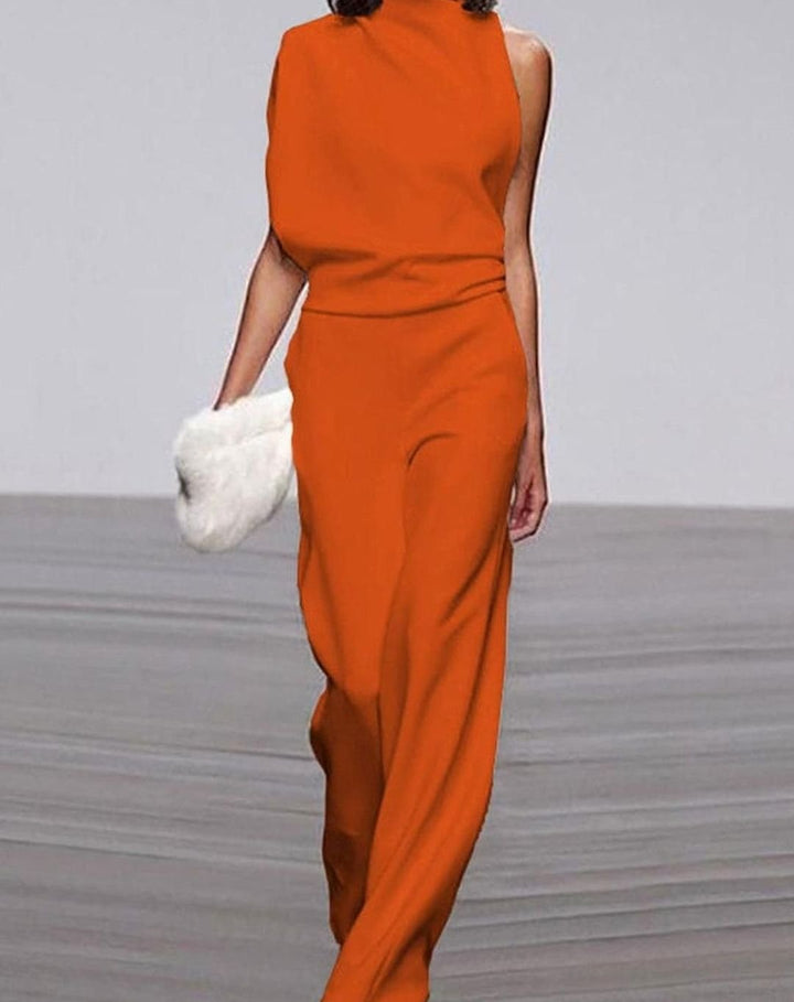 Women's Asymmetric One-Shoulder High-Neck Wide-Leg Jumpsuit - Orange