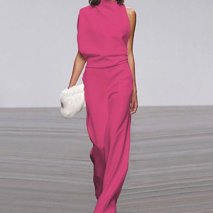 Women's Asymmetric One-Shoulder High-Neck Wide-Leg Jumpsuit - Fuchsia
