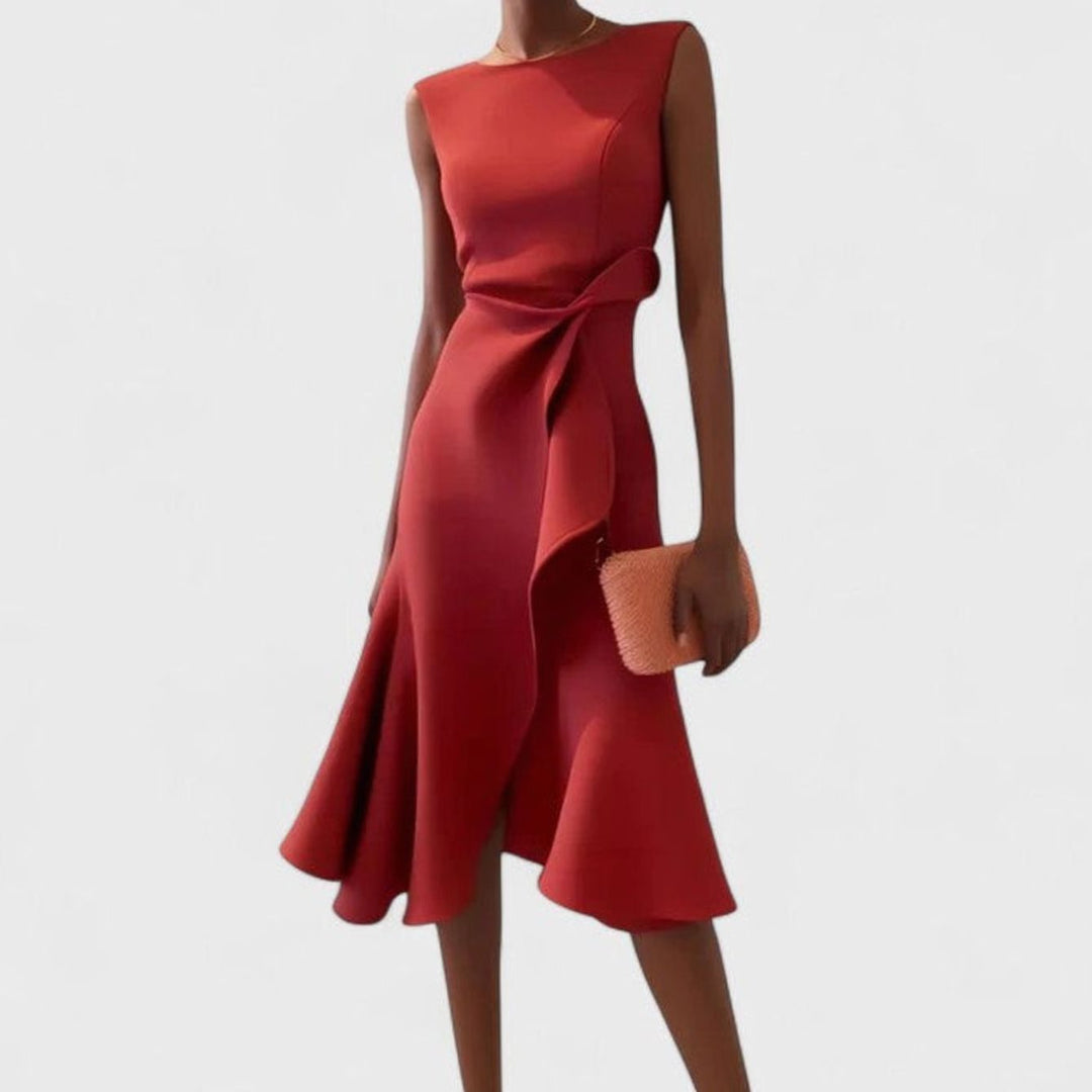 Women's Asymmetrical Draped Ruffle-Hem Midi Dress Special Occasions - Red