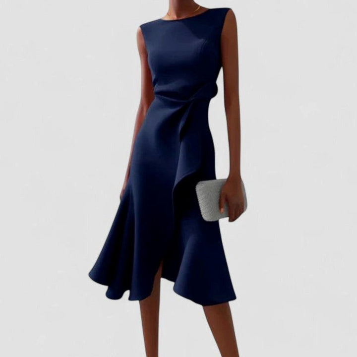 Women's Asymmetrical Draped Ruffle-Hem Midi Dress Special Occasions - Navy Blue