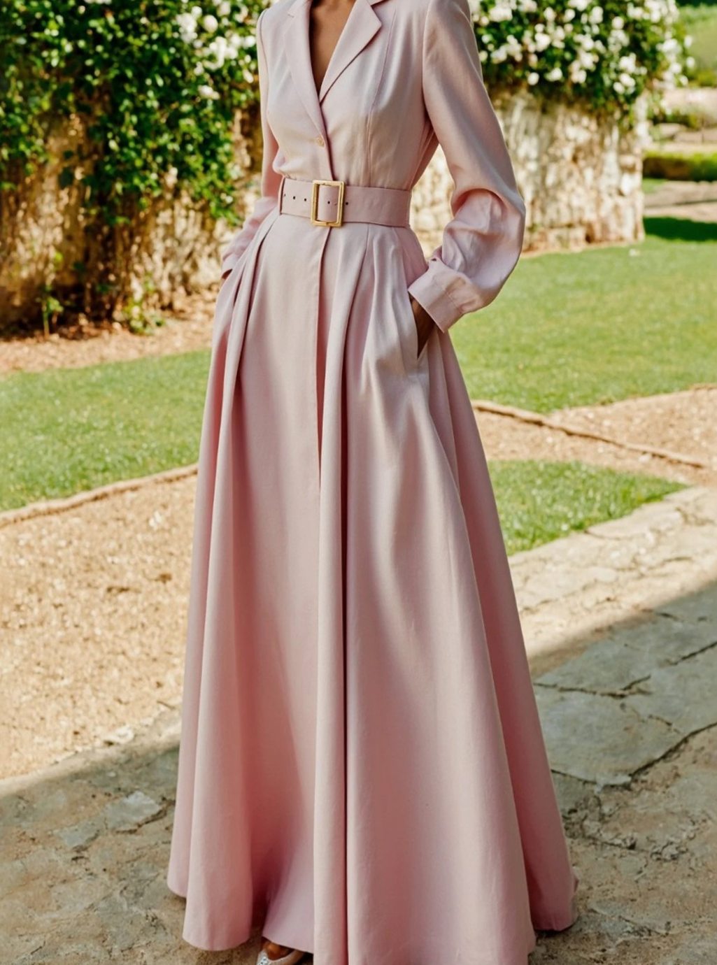 Women's Belted Blazer-Style Pleated Maxi Dress Long Sleeve