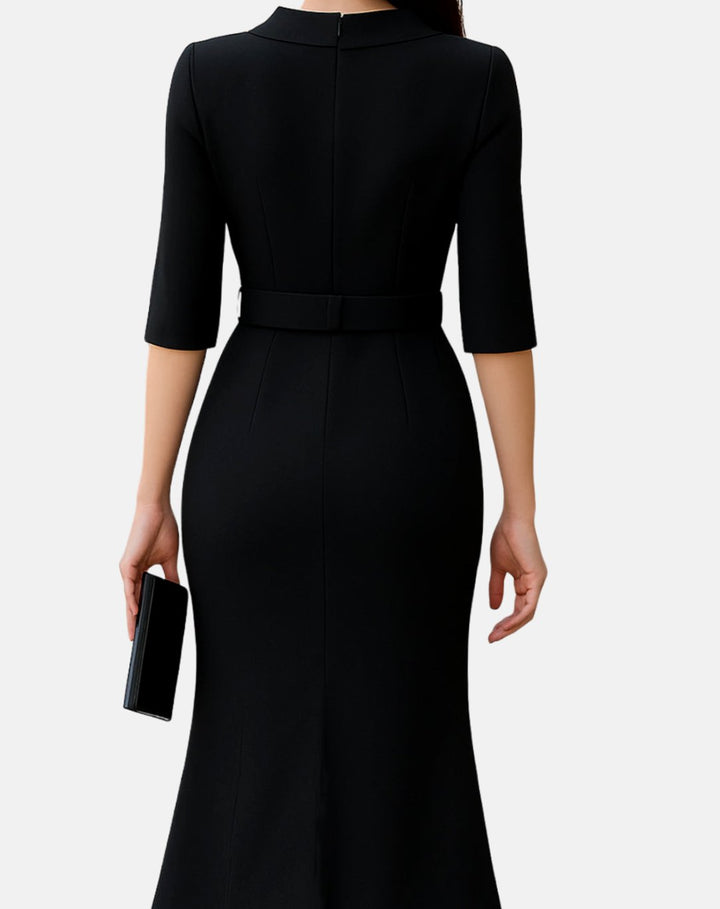 Women's Belted High-Neck Asymmetric-Hem Midi Dress
