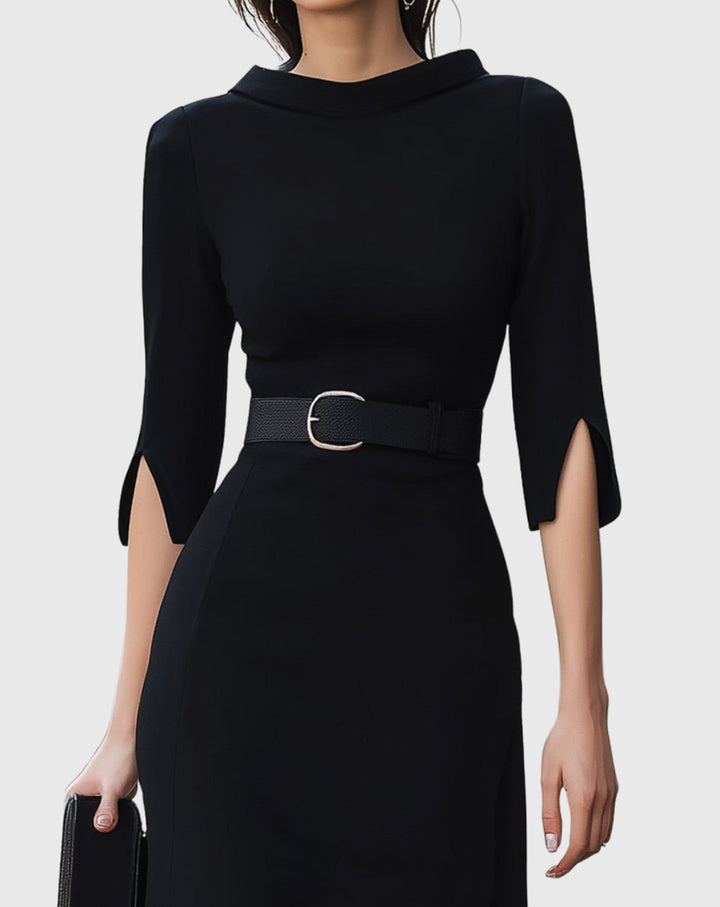 Women's Belted High-Neck Asymmetric-Hem Midi Dress