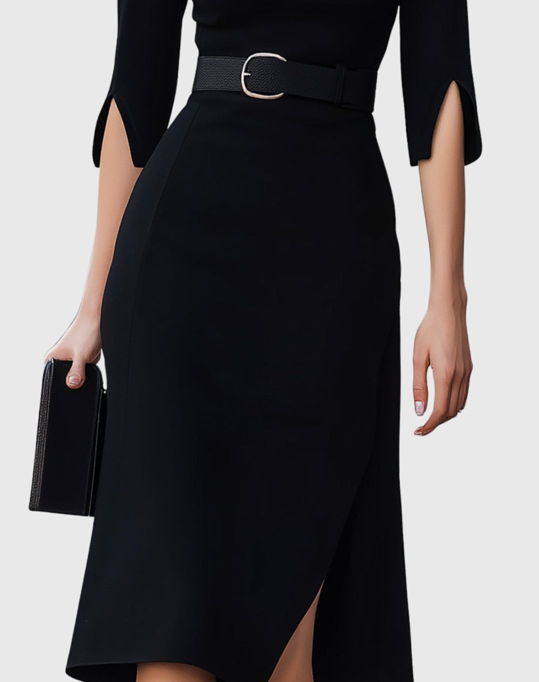 Women's Belted High-Neck Asymmetric-Hem Midi Dress