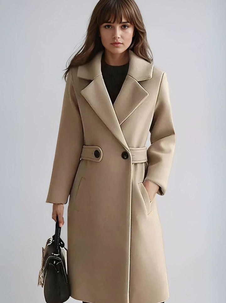 Women's Belted Longline Notch-Lapel Tailored Winter Coat - Camel