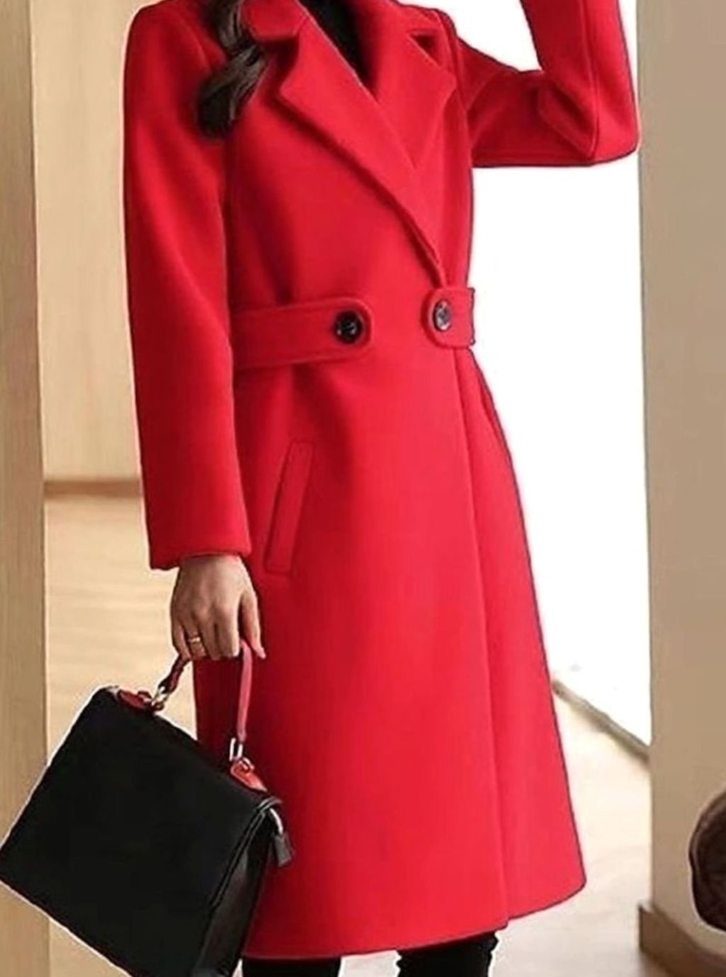 Women's Belted Longline Notch-Lapel Tailored Winter Coat - Red