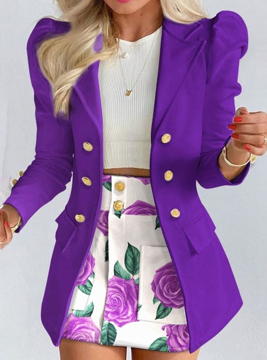 Women's Blazer Floral Skirt Double-Breasted Puff-Sleeve Co-ord Set - Purple