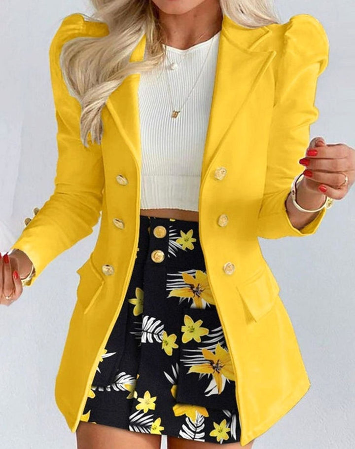 Women's Blazer Floral Skirt Double-Breasted Puff-Sleeve Co-ord Set - Yellow