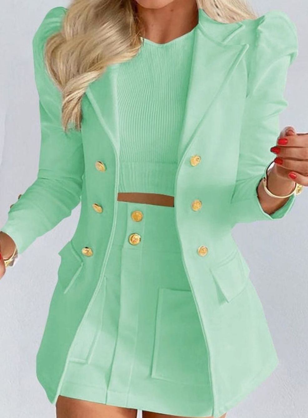 Women's Blazer Floral Skirt Double-Breasted Puff-Sleeve Co-ord Set - Light Green