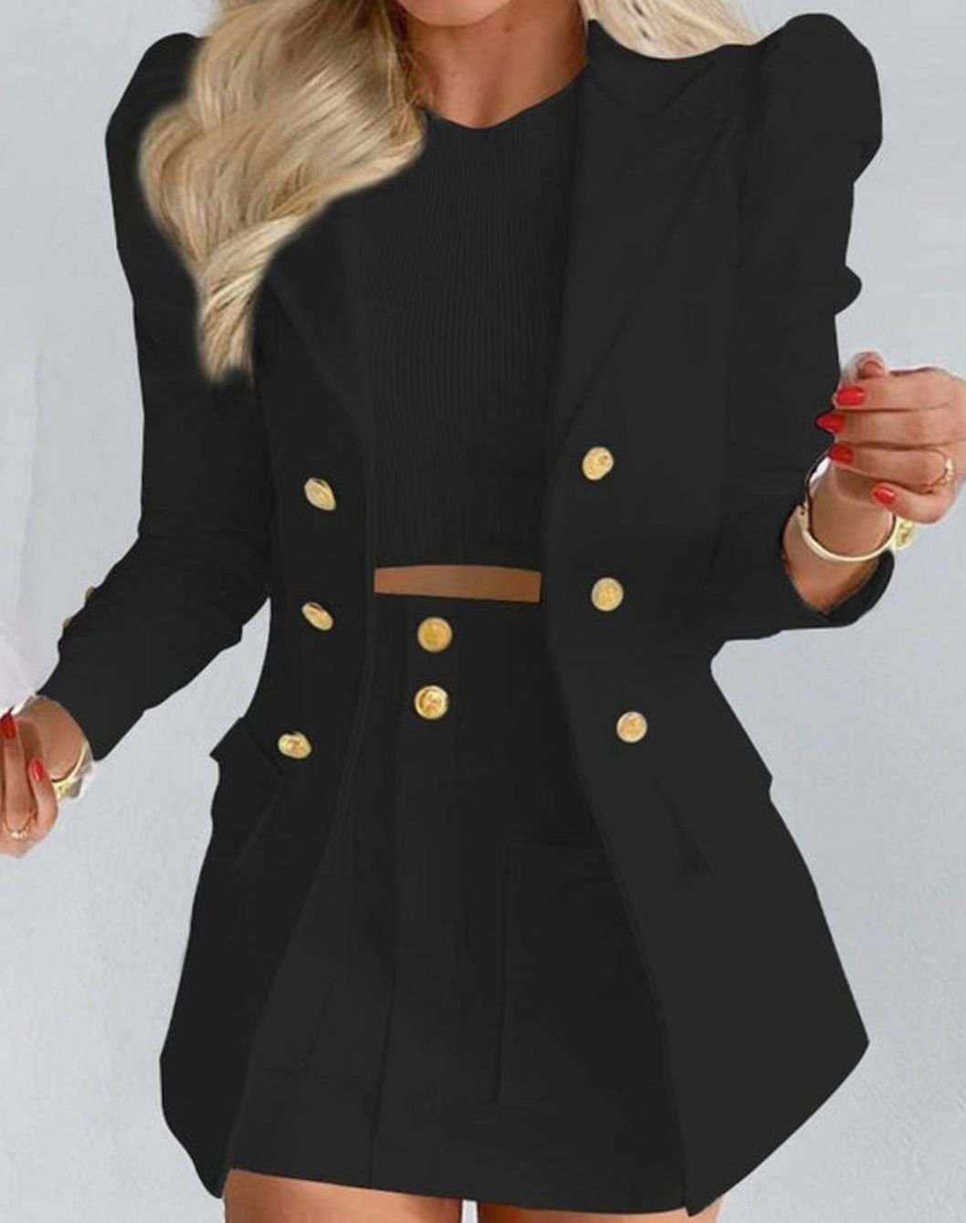 Women's Blazer Floral Skirt Double-Breasted Puff-Sleeve Co-ord Set - Black