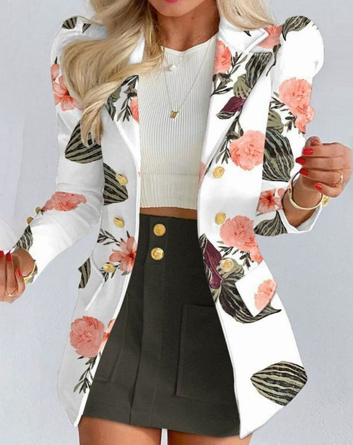 Women's Blazer Floral Skirt Double-Breasted Puff-Sleeve Co-ord Set - White - Black
