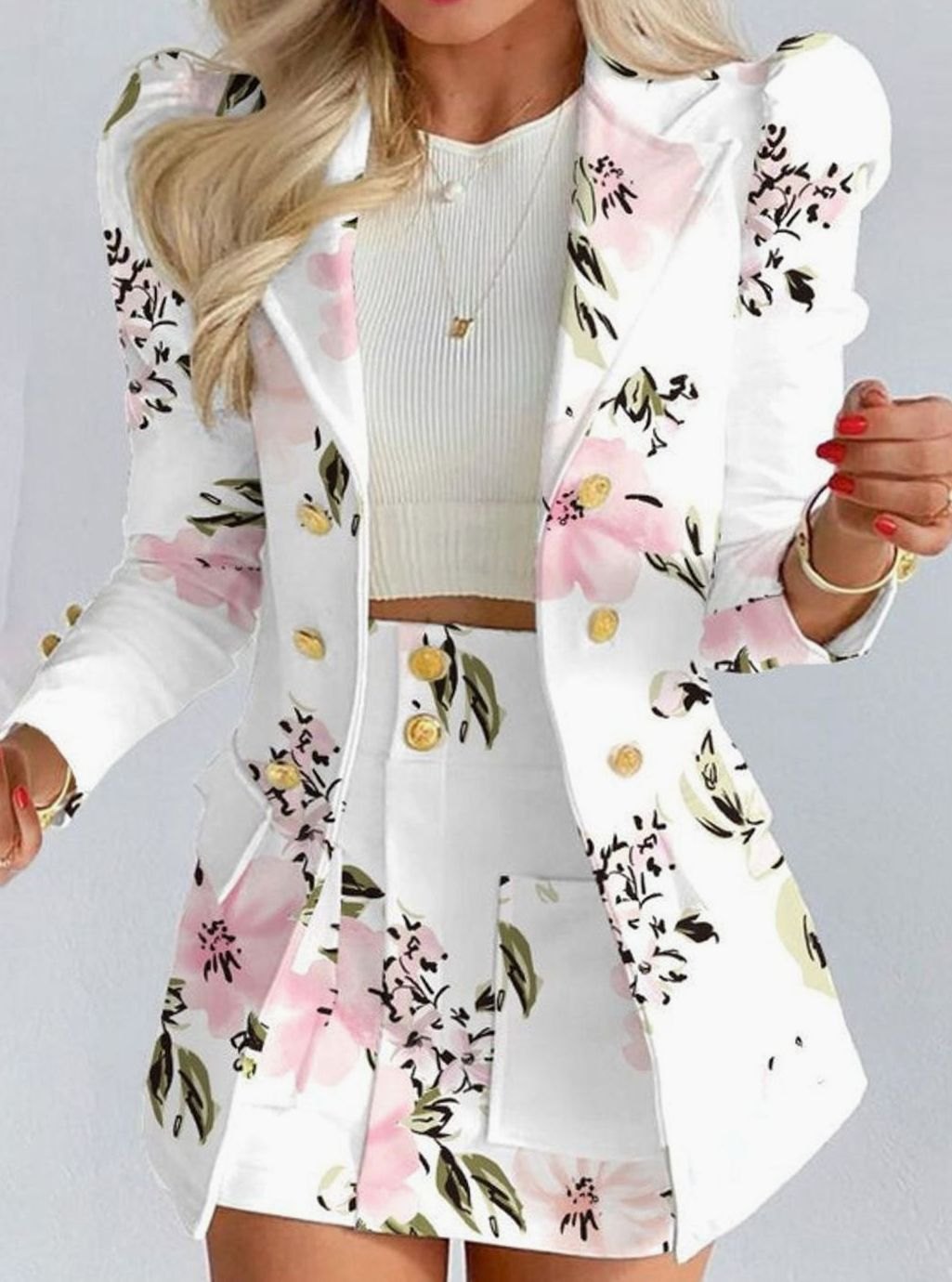 Women's Blazer Floral Skirt Double-Breasted Puff-Sleeve Co-ord Set - White - Floral
