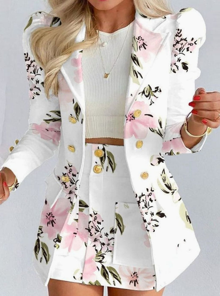 Women's Blazer Floral Skirt Double-Breasted Puff-Sleeve Co-ord Set - White - Floral