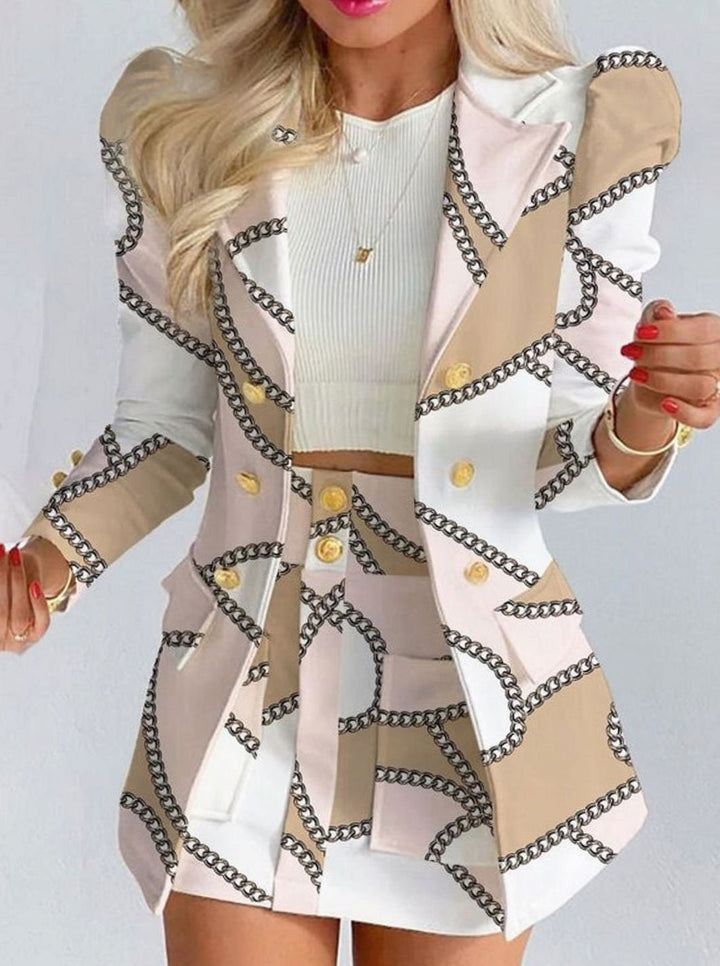 Women's Blazer Floral Skirt Double-Breasted Puff-Sleeve Co-ord Set - White - Chains