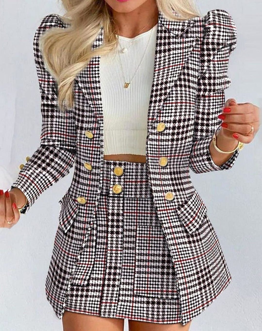 Women's Blazer Floral Skirt Double-Breasted Puff-Sleeve Co-ord Set - Black - Plaid