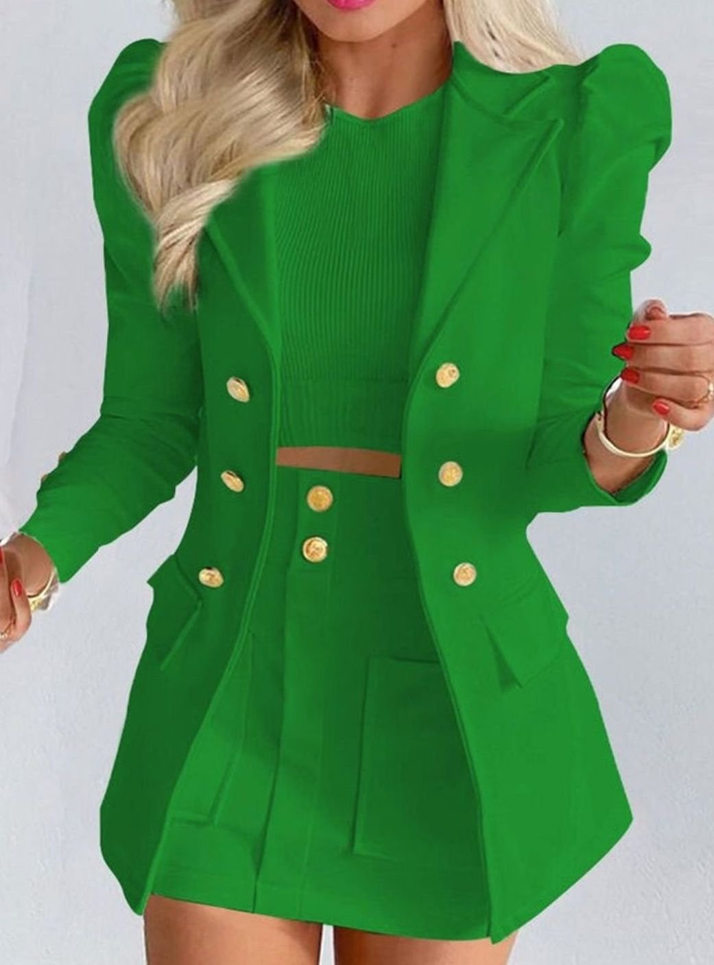 Women's Blazer Floral Skirt Double-Breasted Puff-Sleeve Co-ord Set - Green