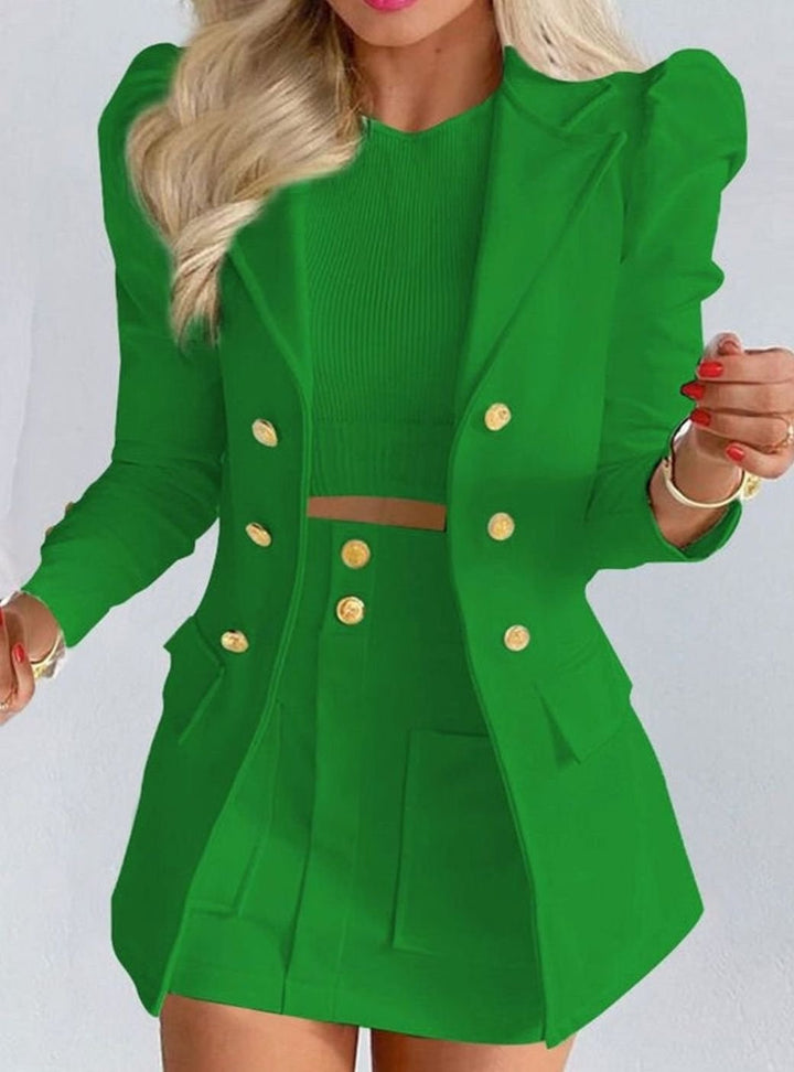 Women's Blazer Floral Skirt Double-Breasted Puff-Sleeve Co-ord Set - Green