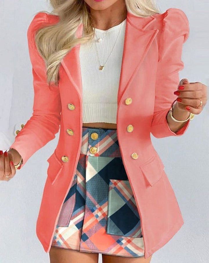 Women's Blazer Floral Skirt Double-Breasted Puff-Sleeve Co-ord Set - Pink