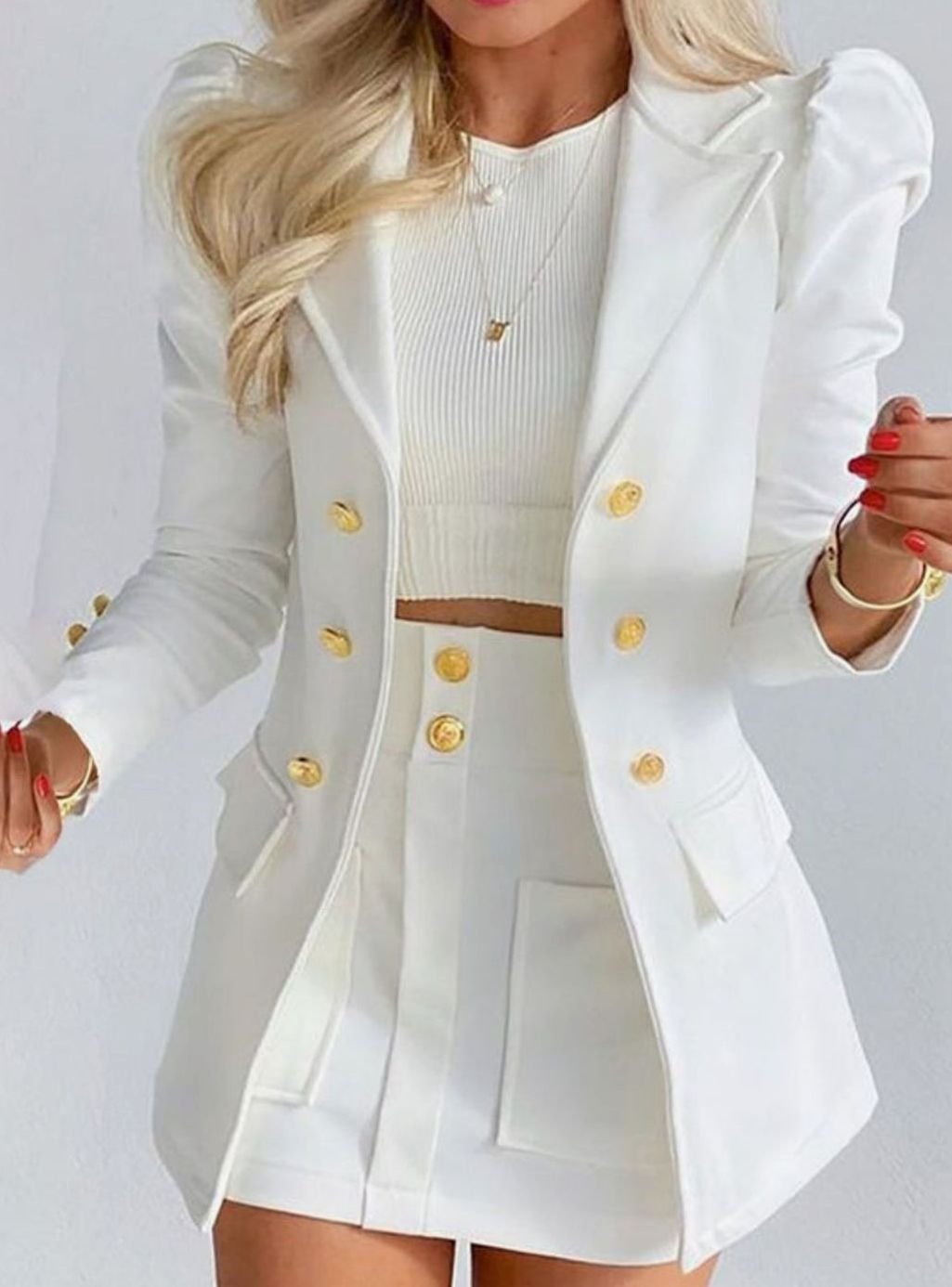 Women's Blazer Floral Skirt Double-Breasted Puff-Sleeve Co-ord Set - White