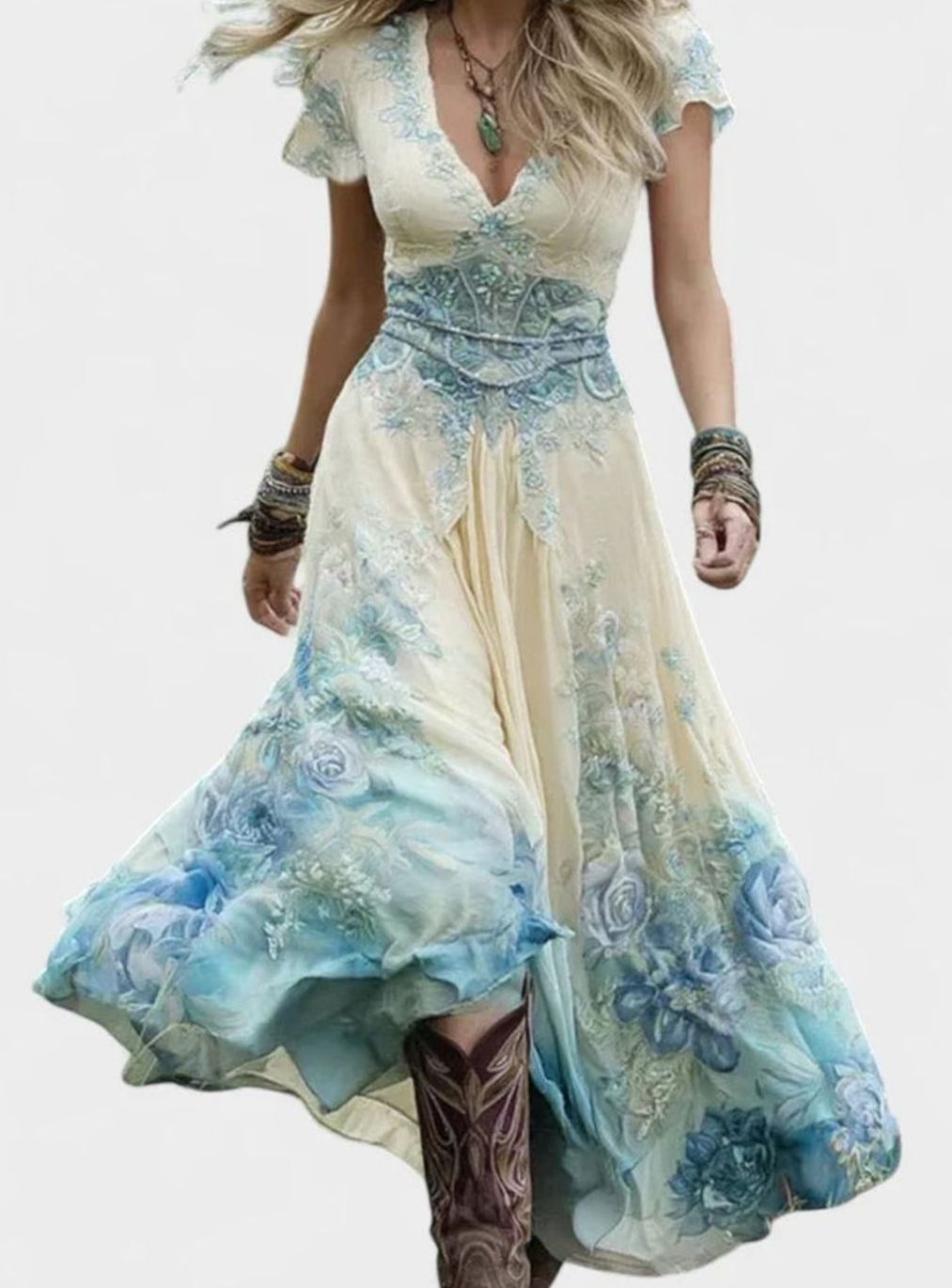 Women's Bohemian Floral V-Neck Short-Sleeve Maxi Dress - Blue