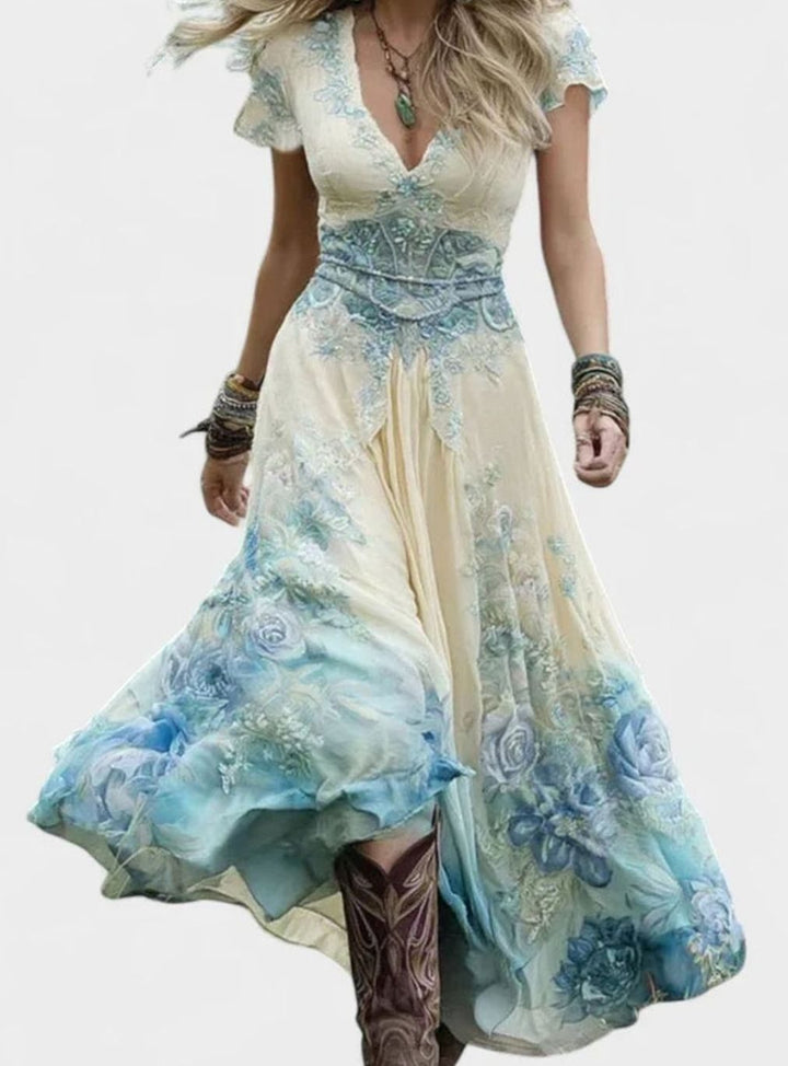 Women's Bohemian Floral V-Neck Short-Sleeve Maxi Dress - Blue