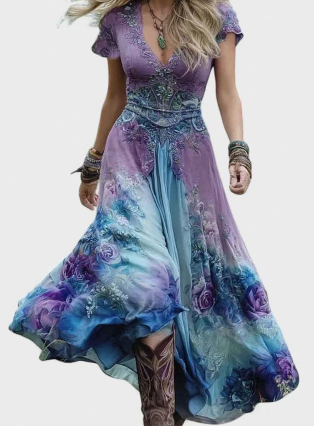 Women's Bohemian Floral V-Neck Short-Sleeve Maxi Dress - Purple