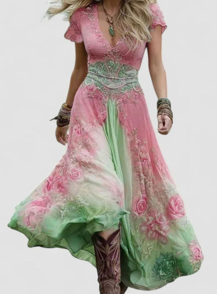 Women's Bohemian Floral V-Neck Short-Sleeve Maxi Dress - Pink