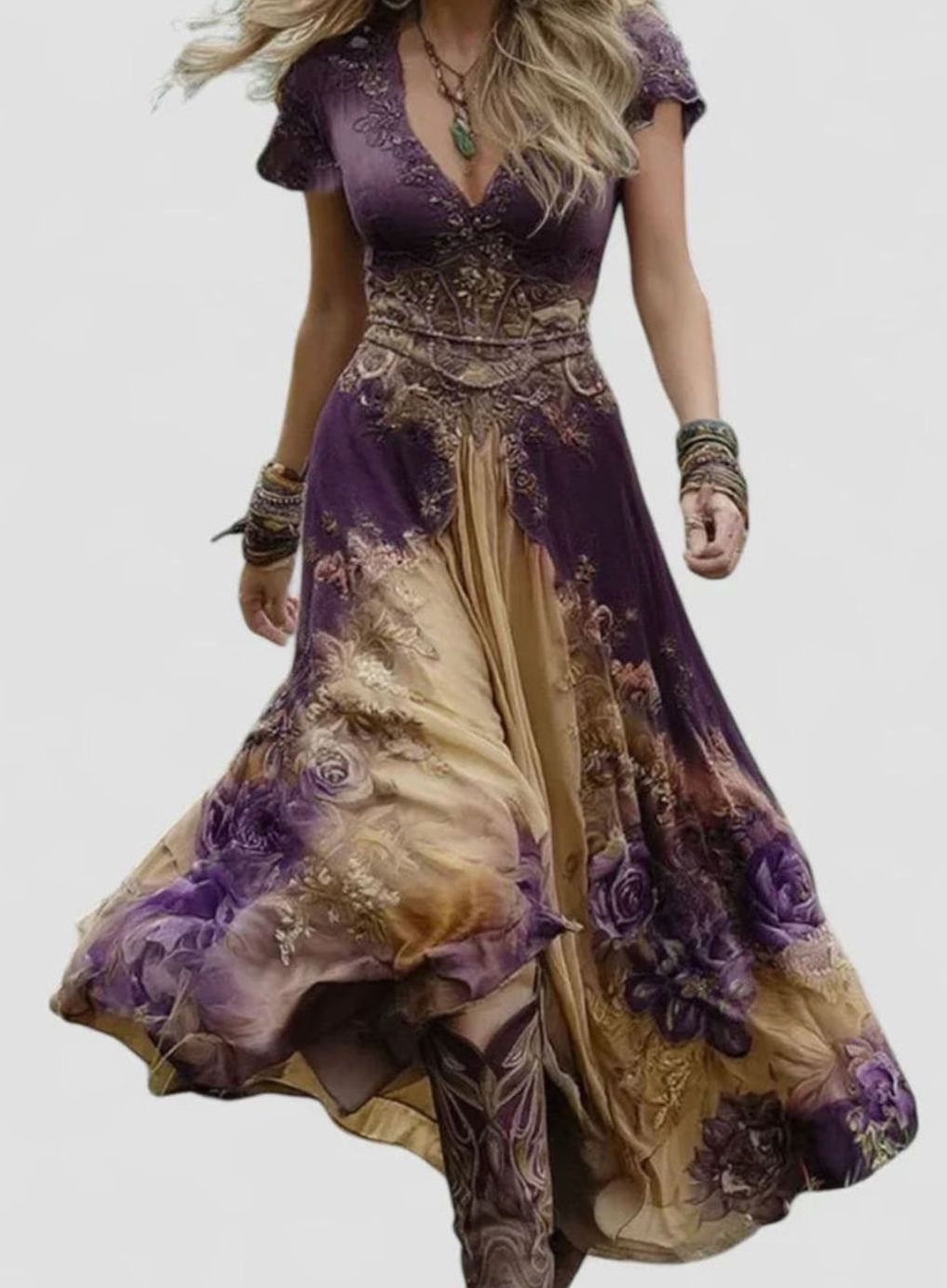 Women's Bohemian Floral V-Neck Short-Sleeve Maxi Dress - Khaki