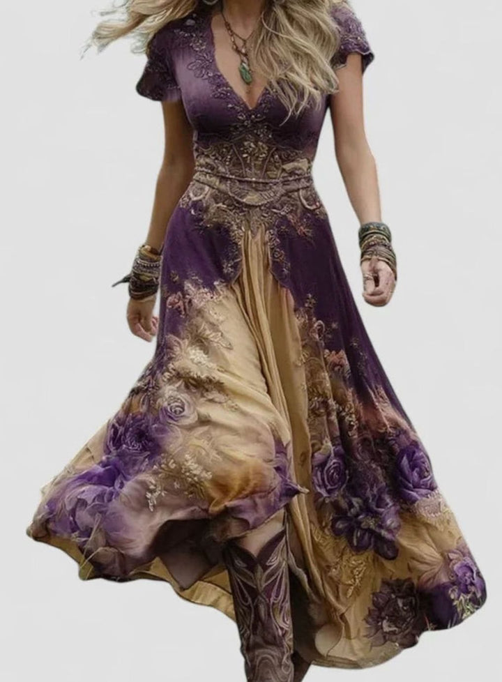 Women's Bohemian Floral V-Neck Short-Sleeve Maxi Dress - Khaki