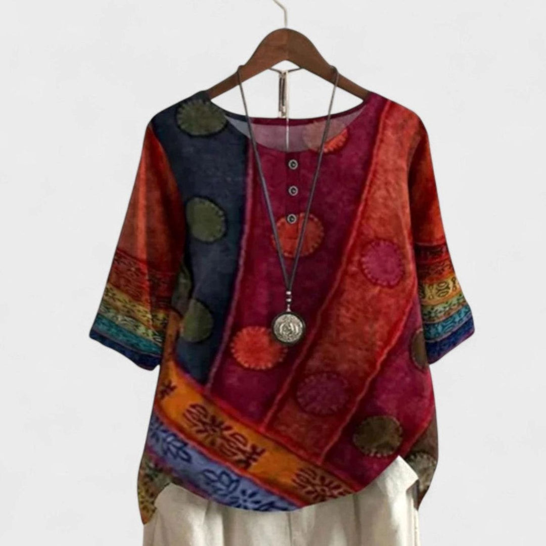 Women's Bohemian Patchwork Print Top Short-Sleeve Button-Neck Blouse - Red