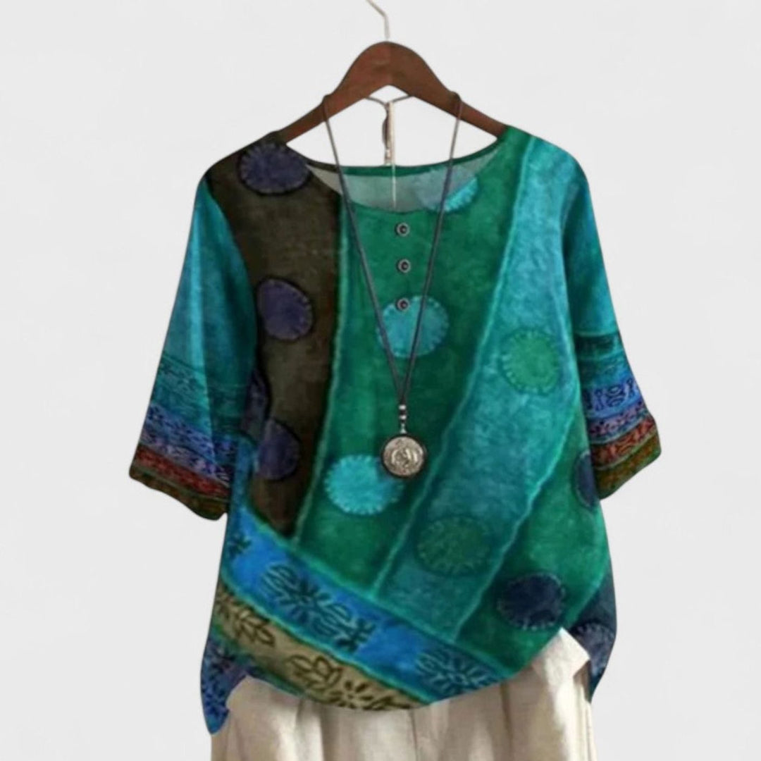 Women's Bohemian Patchwork Print Top Short-Sleeve Button-Neck Blouse - Green