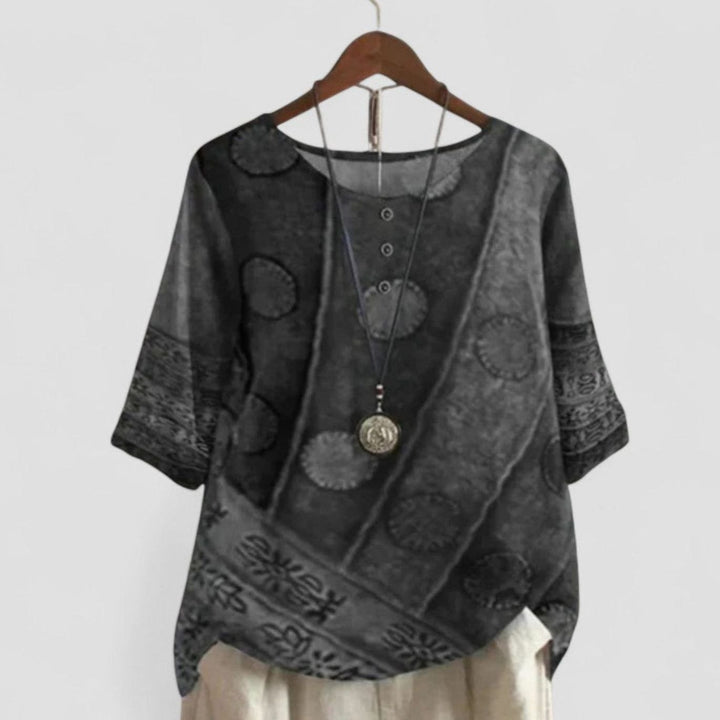 Women's Bohemian Patchwork Print Top Short-Sleeve Button-Neck Blouse - Gray