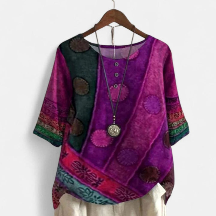 Women's Bohemian Patchwork Print Top Short-Sleeve Button-Neck Blouse - Purple