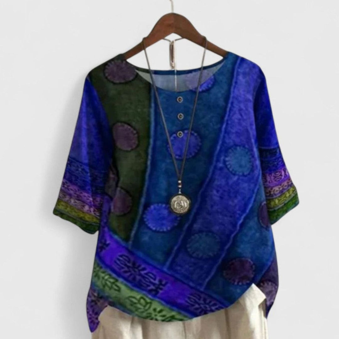 Women's Bohemian Patchwork Print Top Short-Sleeve Button-Neck Blouse - Blue