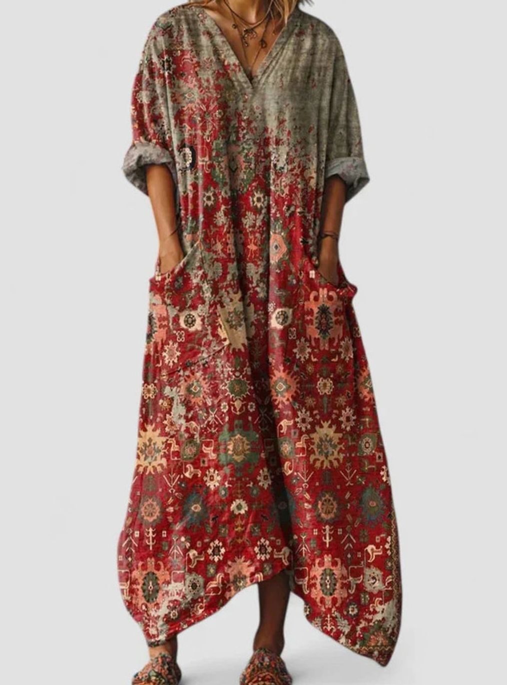 Women's Boho Elegant Dress V-Neck Vintage-Print Relaxed Maxi - Red Carpet