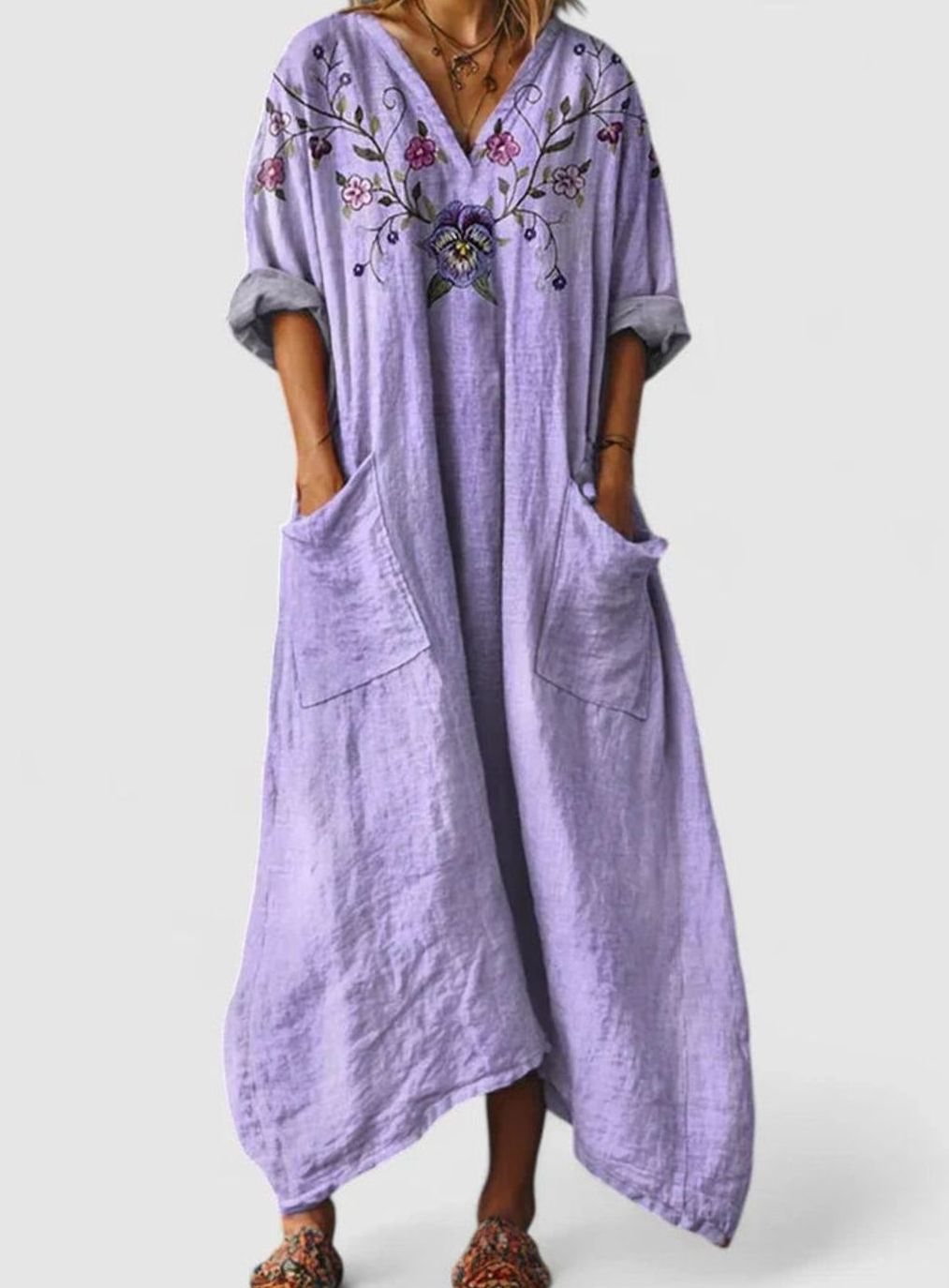 Women's Boho Elegant Dress V-Neck Vintage-Print Relaxed Maxi - Purple