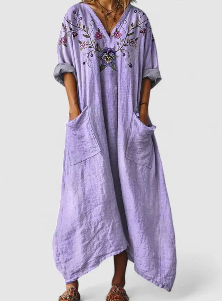 Women's Boho Elegant Dress V-Neck Vintage-Print Relaxed Maxi - Purple