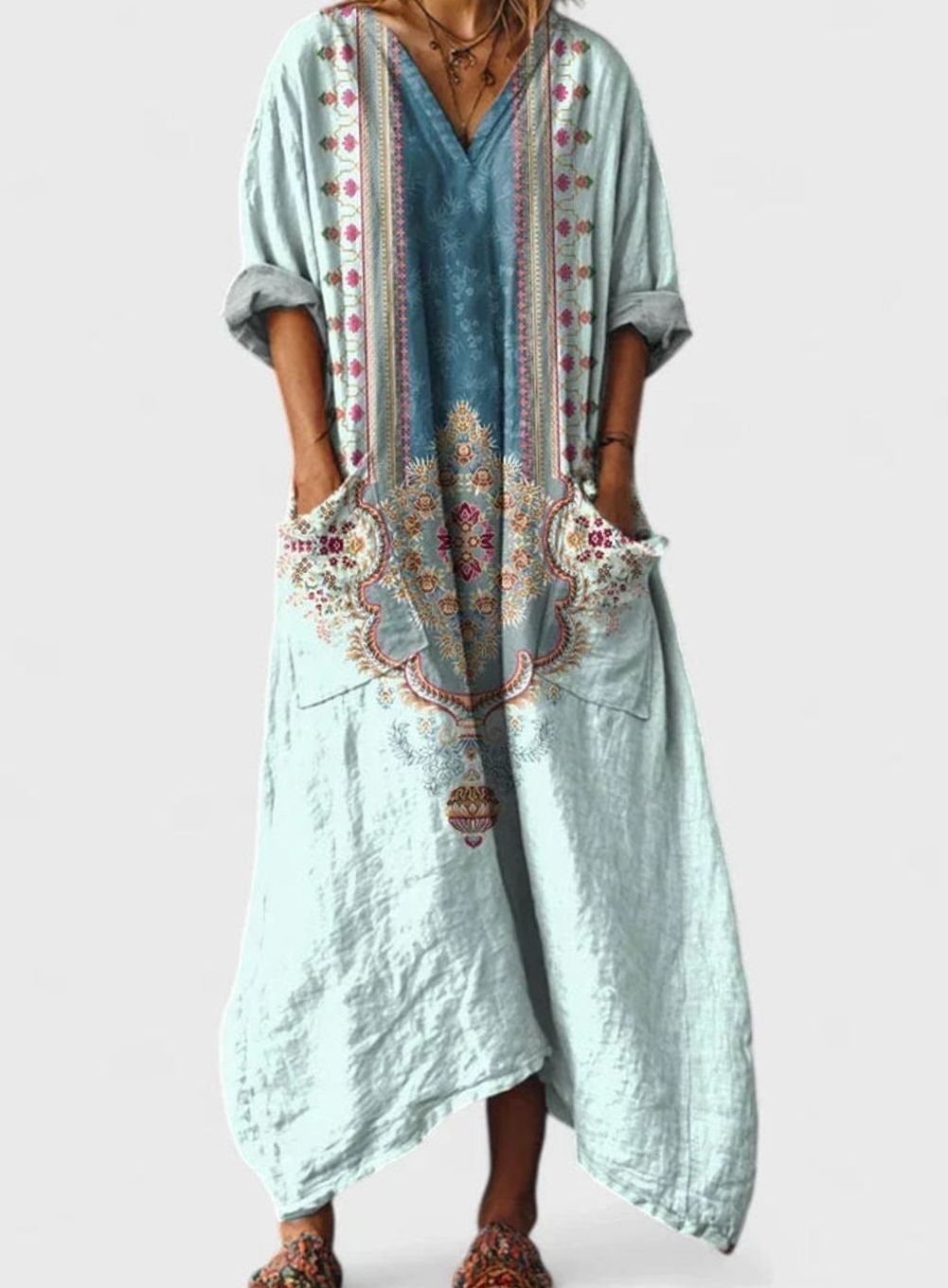 Women's Boho Elegant Dress V-Neck Vintage-Print Relaxed Maxi - Green Blue