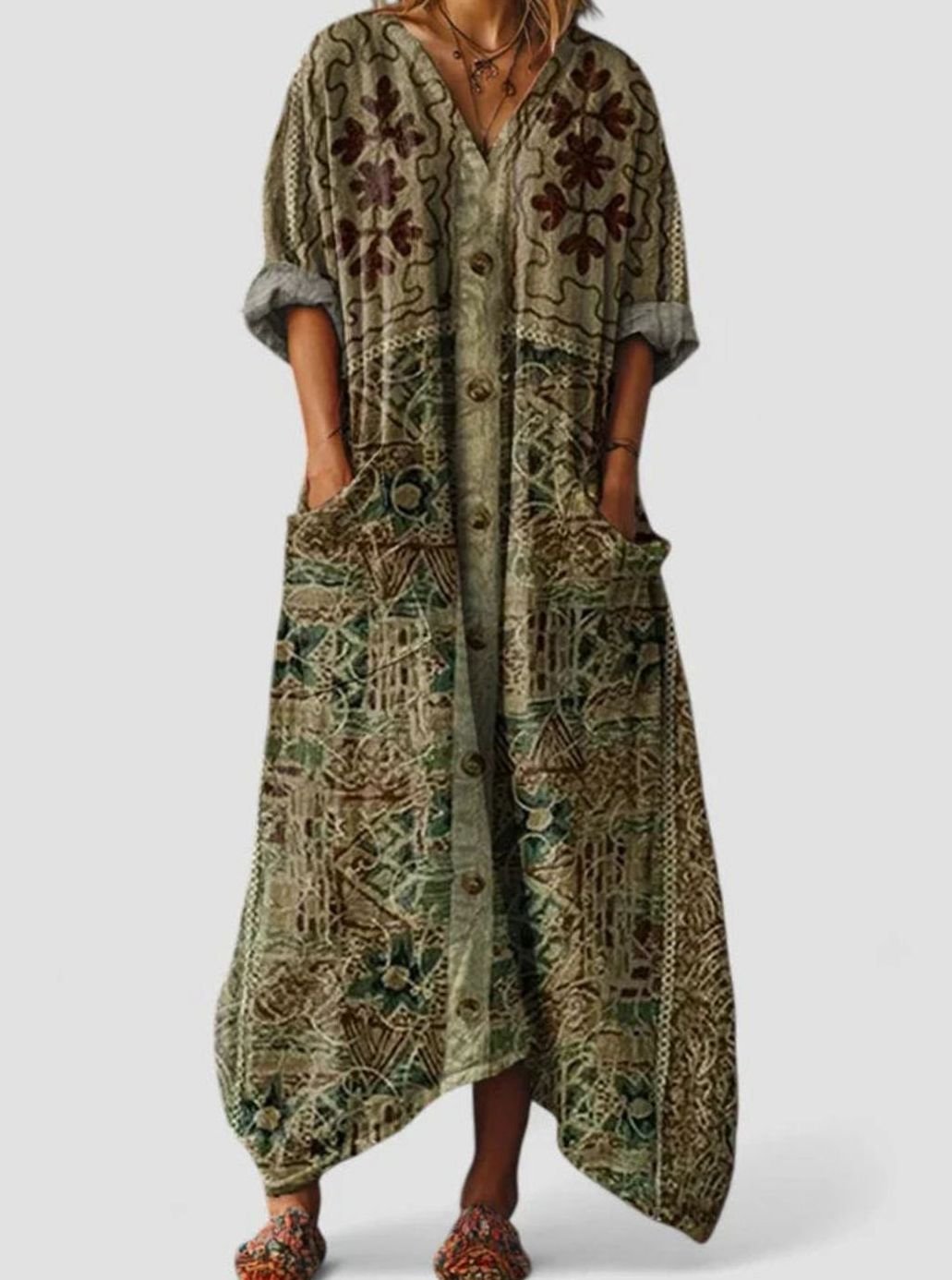 Women's Boho Elegant Dress V-Neck Vintage-Print Relaxed Maxi - Green