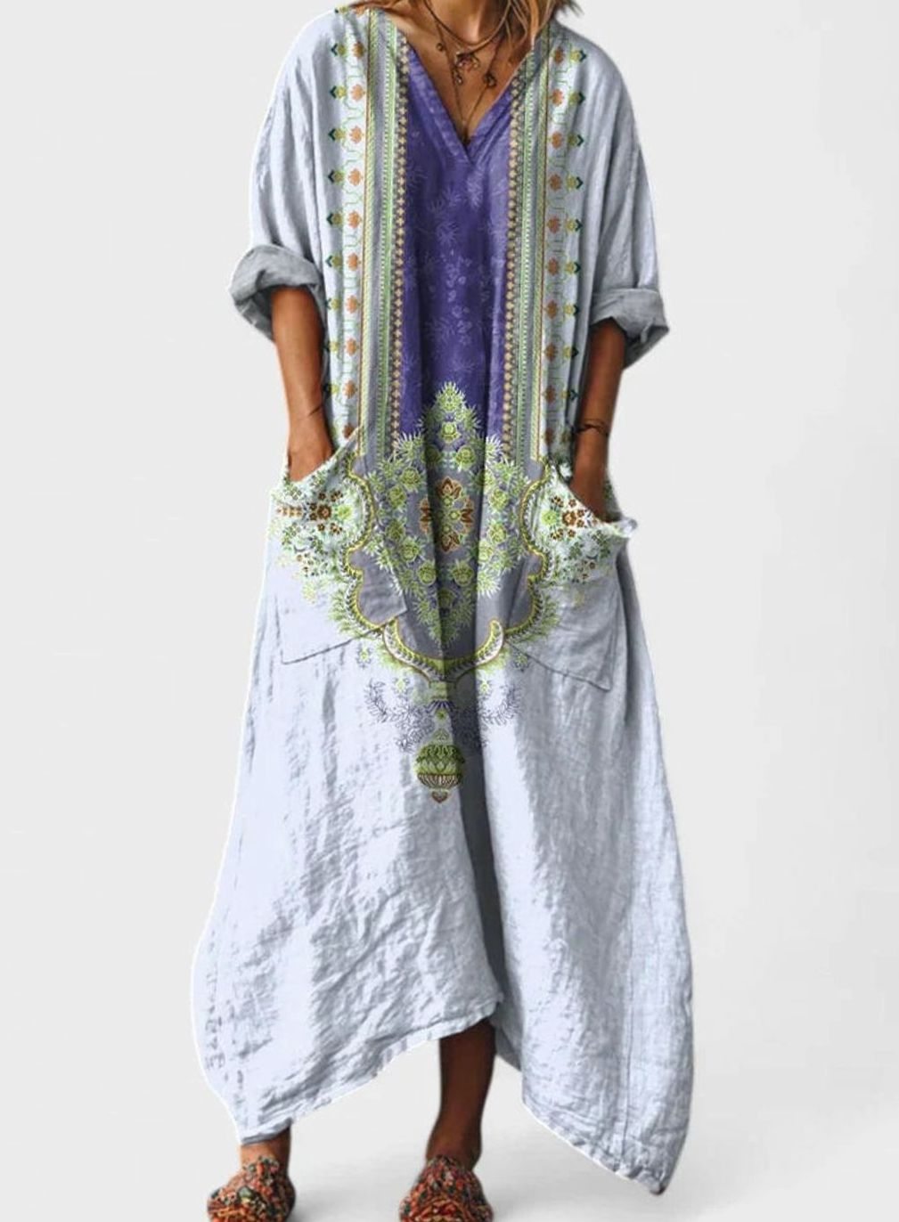 Women's Boho Elegant Dress V-Neck Vintage-Print Relaxed Maxi - Blue Purple