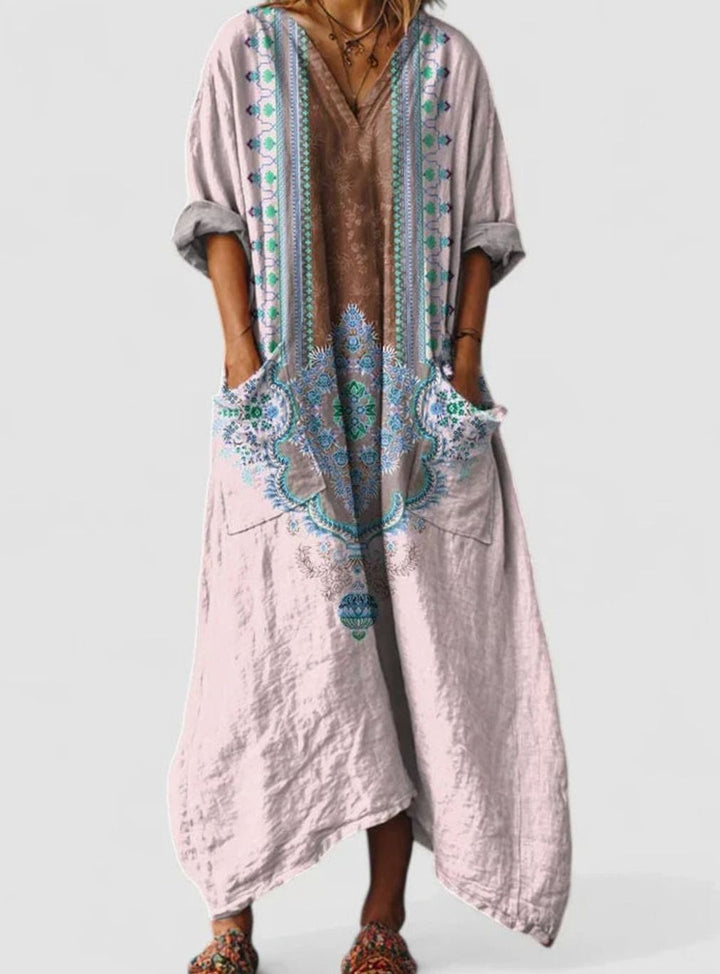 Women's Boho Elegant Dress V-Neck Vintage-Print Relaxed Maxi - Pink Green