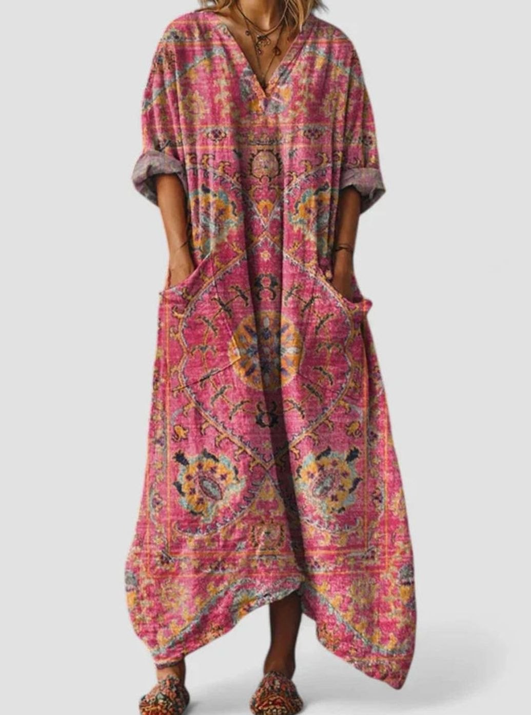 Women's Boho Elegant Dress V-Neck Vintage-Print Relaxed Maxi - Red