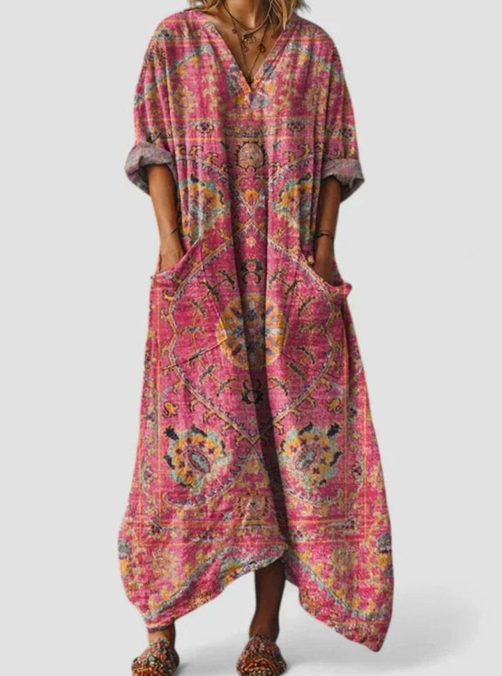 Women's Boho Elegant Dress V-Neck Vintage-Print Relaxed Maxi - Red