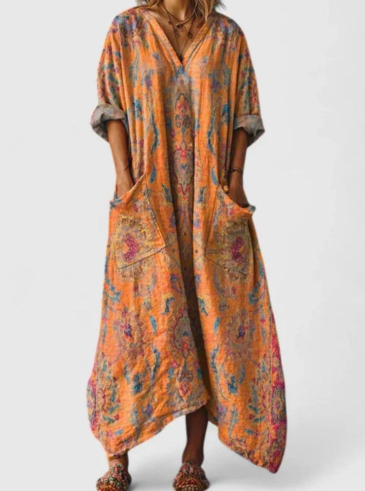 Women's Boho Elegant Dress V-Neck Vintage-Print Relaxed Maxi - Orange