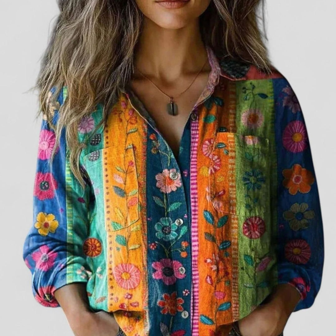 Women's Boho Floral Colorblock Long-Sleeve Button-Down Blouse Shirt