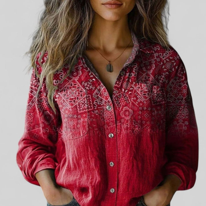 Women's Boho Floral Colorblock Long-Sleeve Button-Down Blouse Shirt