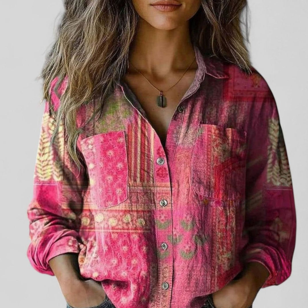 Women's Boho Floral Colorblock Long-Sleeve Button-Down Blouse Shirt