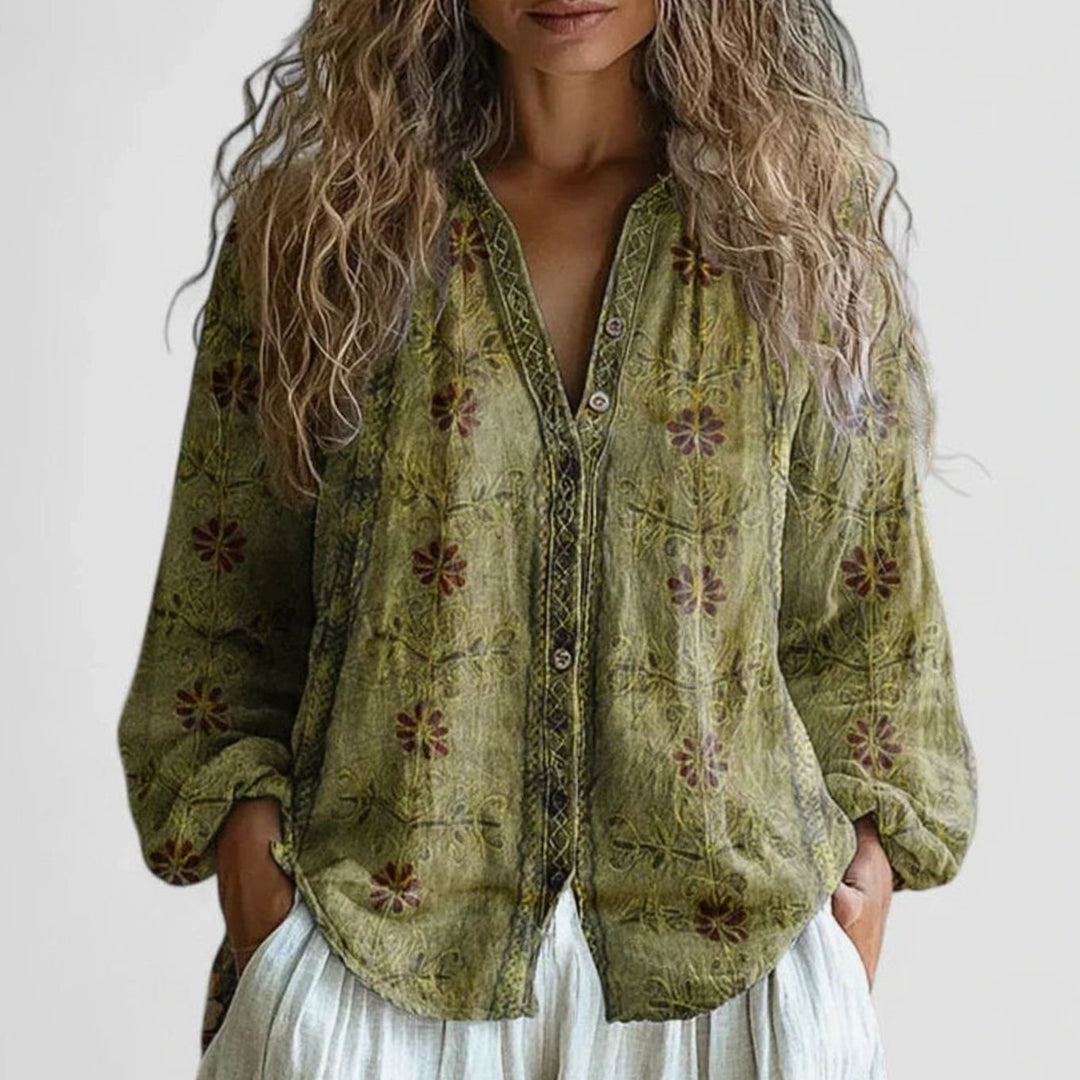 Women's Boho Floral V-Neck Button-Down Comfortable Blouse - Green