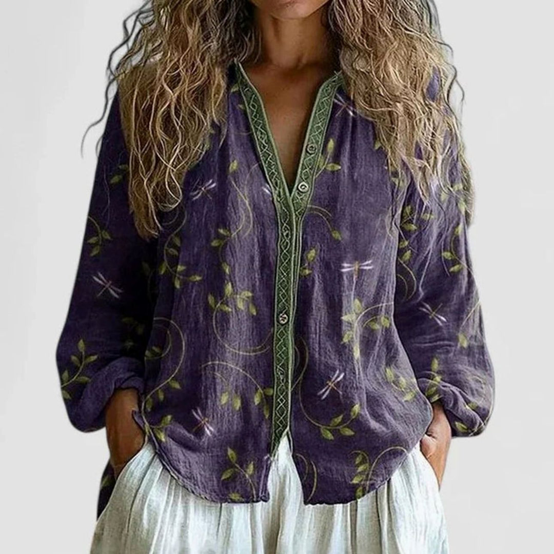 Women's Boho Floral V-Neck Button-Down Comfortable Blouse - Purple