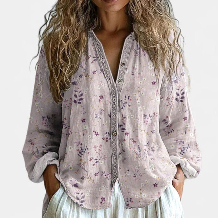 Women's Boho Floral V-Neck Button-Down Comfortable Blouse - Pink